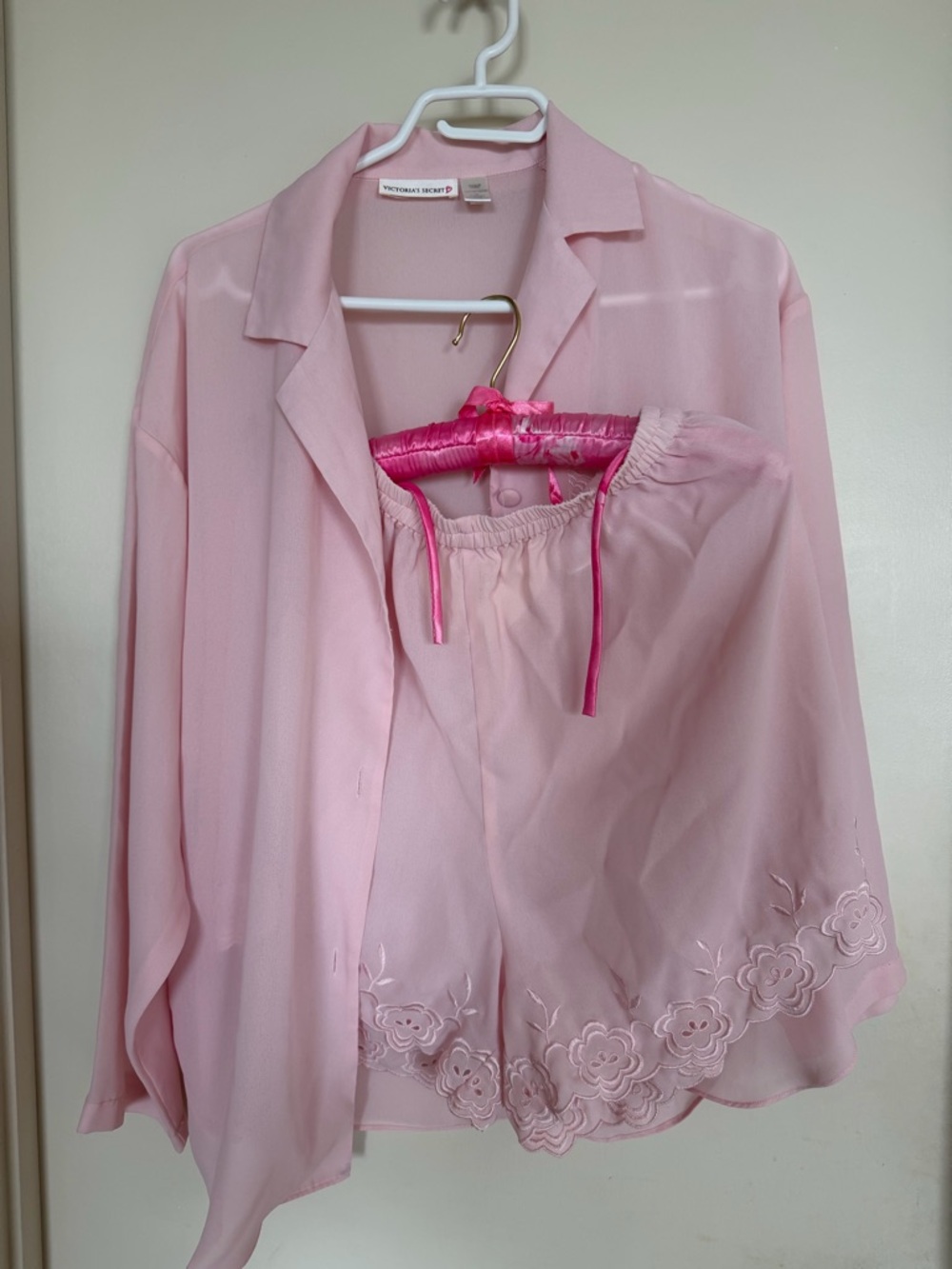 Victoria’s Secret Baby Pink Pajama Set Small Sheer Top Floral Embroidered Shorts